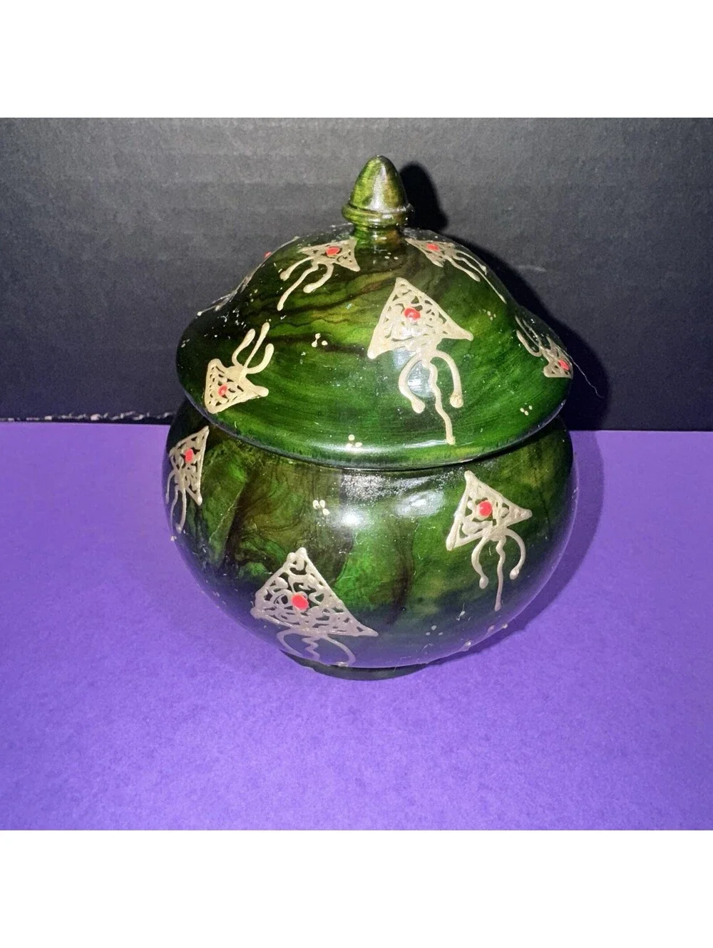 Vtg. Hand Painted Green Wooden Lidded Jar Apothecary Trinket Box Folk Art 4.5”